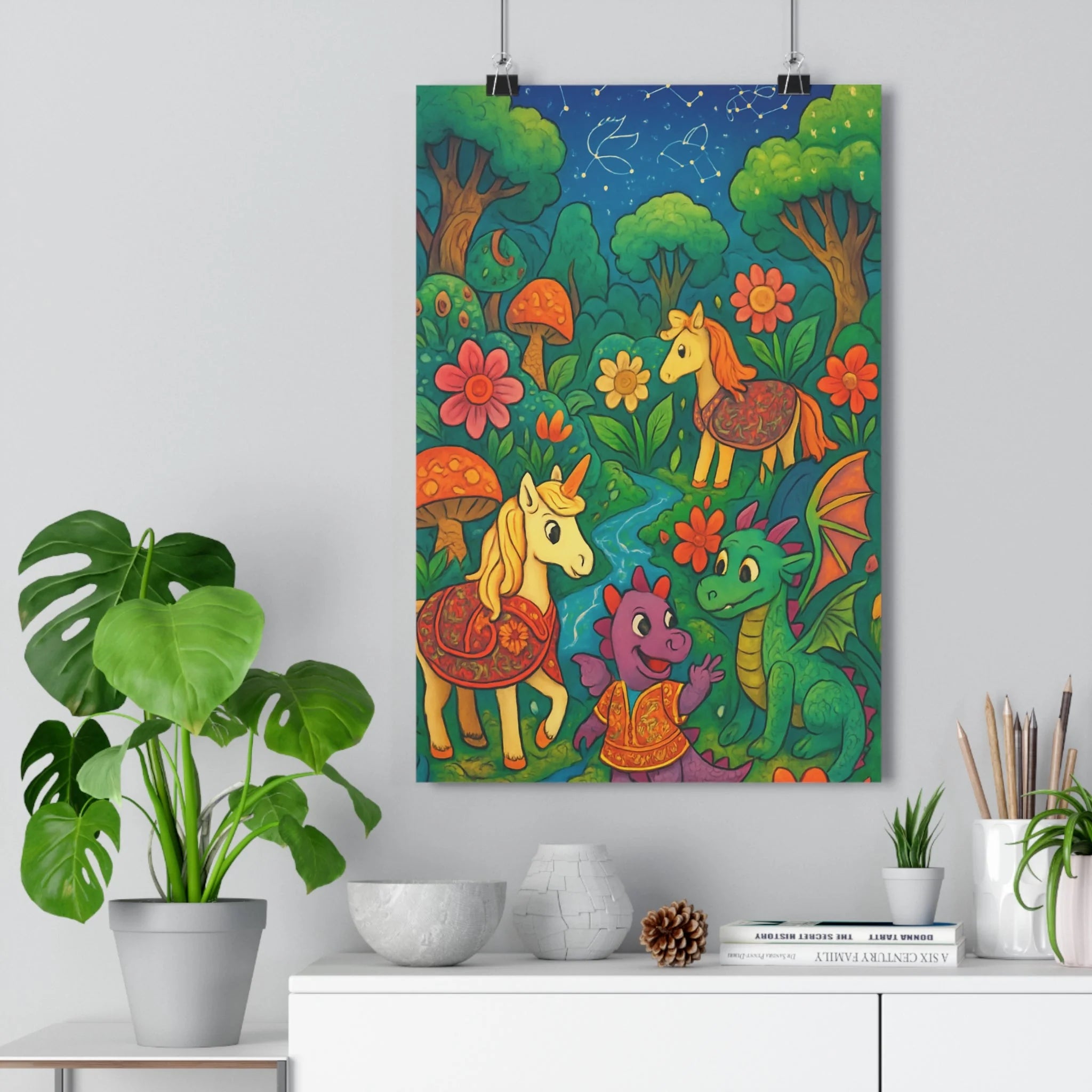 Poster décoratif fantaisie magique licorne dragon chevaux coloré mystique chambre enfant vibrant unique ambiance