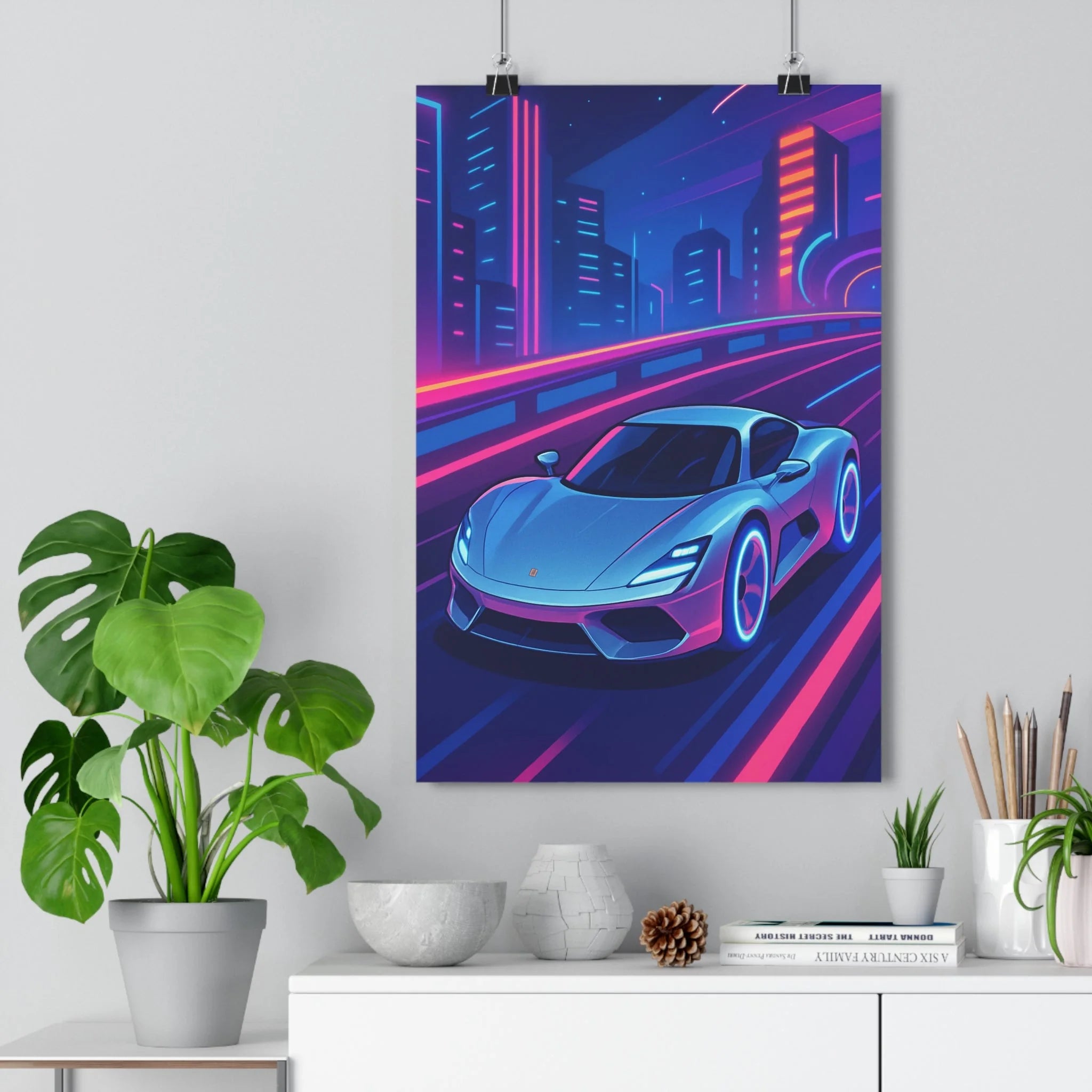 Poster décoratif voiture argentée cyberpunk futuriste néon bleu rose bureau moderne dynamique 30x46 cm