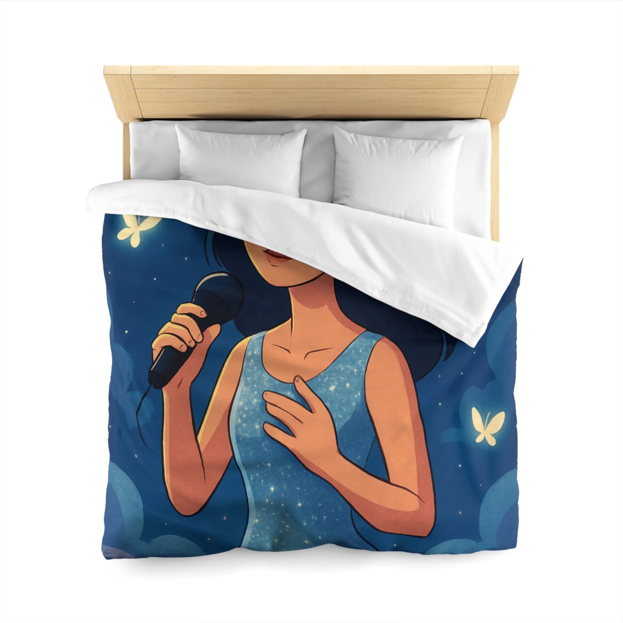 Housse de couette rêveuse avec chanteuse, papillons, lune et ciel étoilé bleu