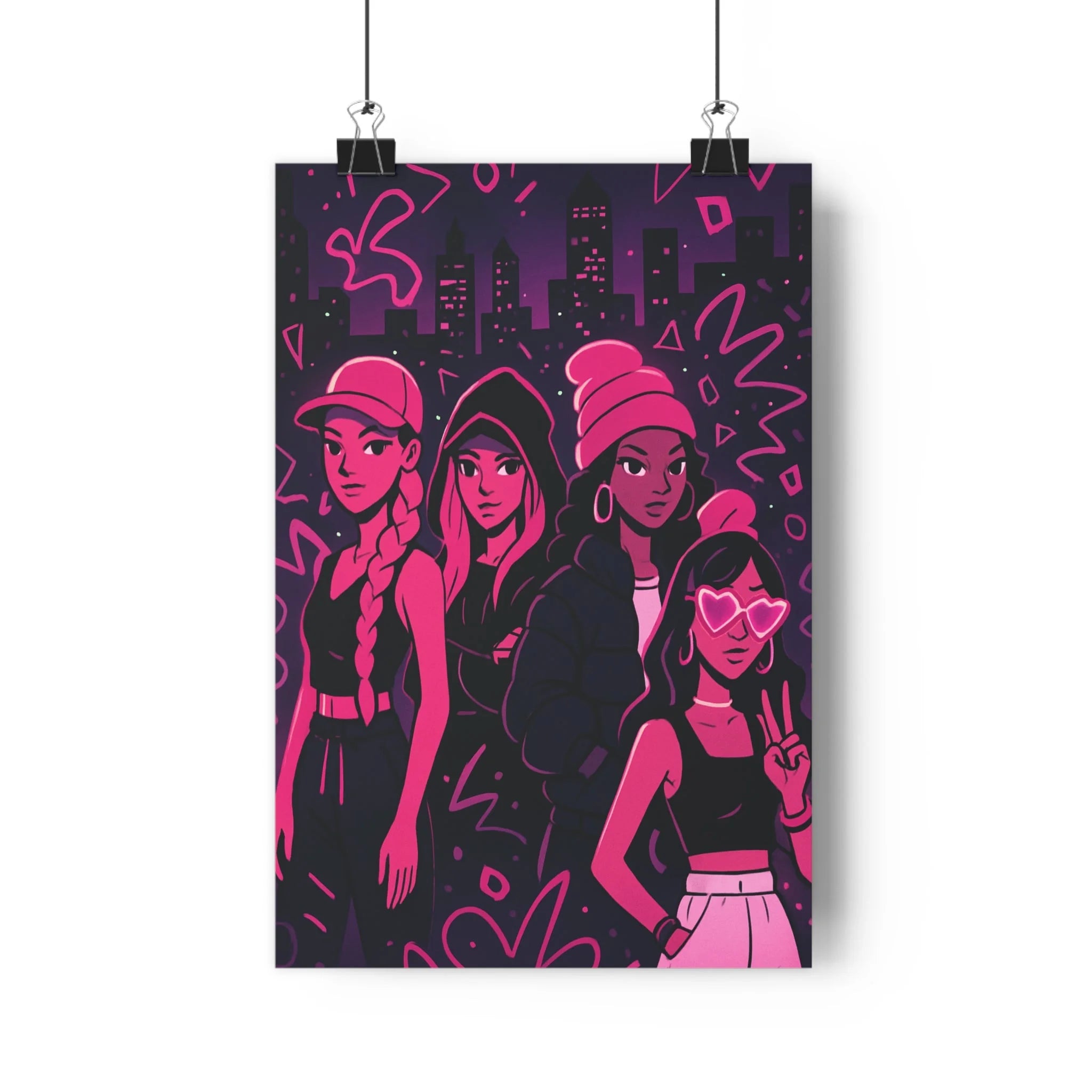 Poster décoratif noir rose cartoon urbain moderne femmes ville dynamique bureau salon contemporain qualité