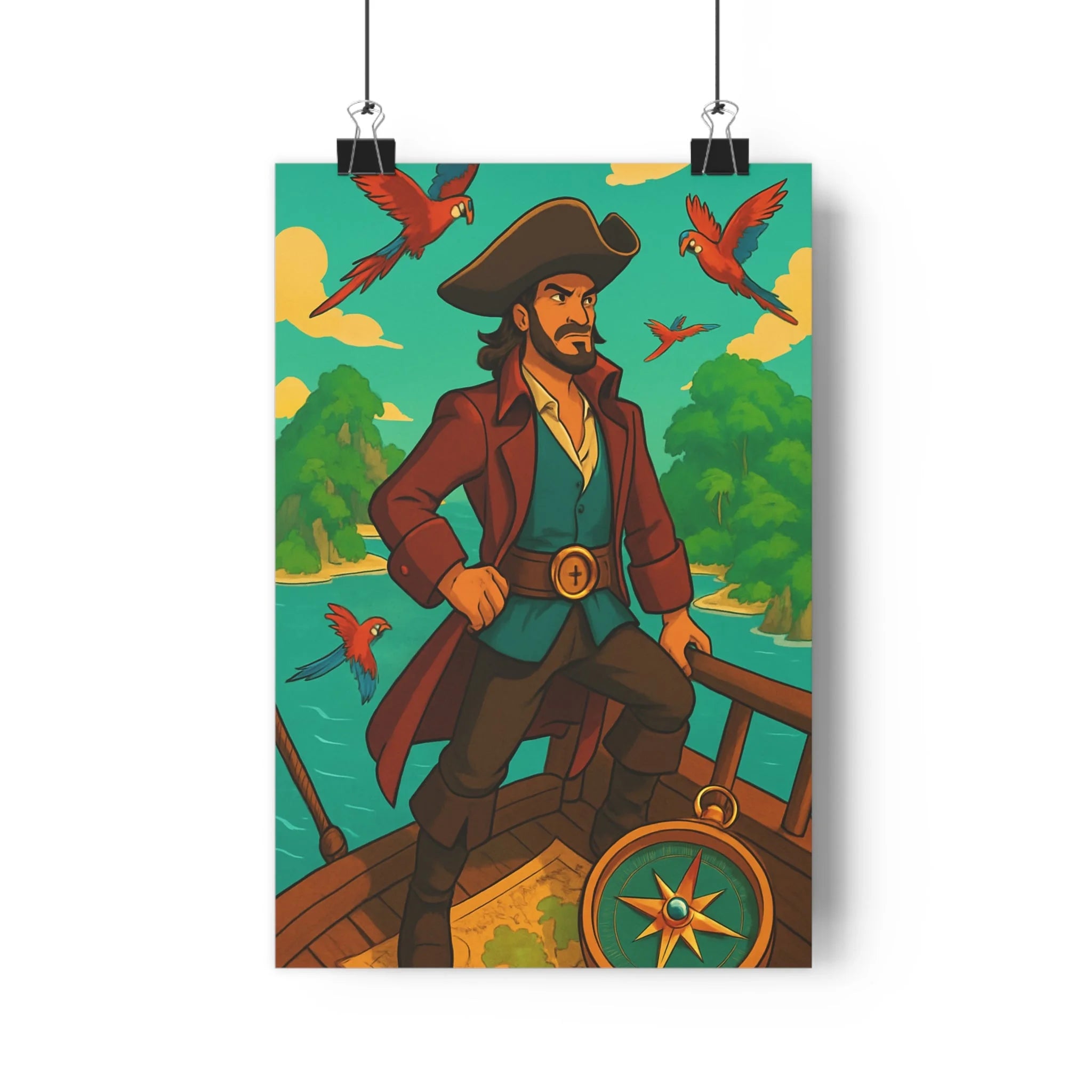 Poster décoratif cartoon aventure pirate bleu vert chambre enfant exotique dynamique 30x46 perroquet navire