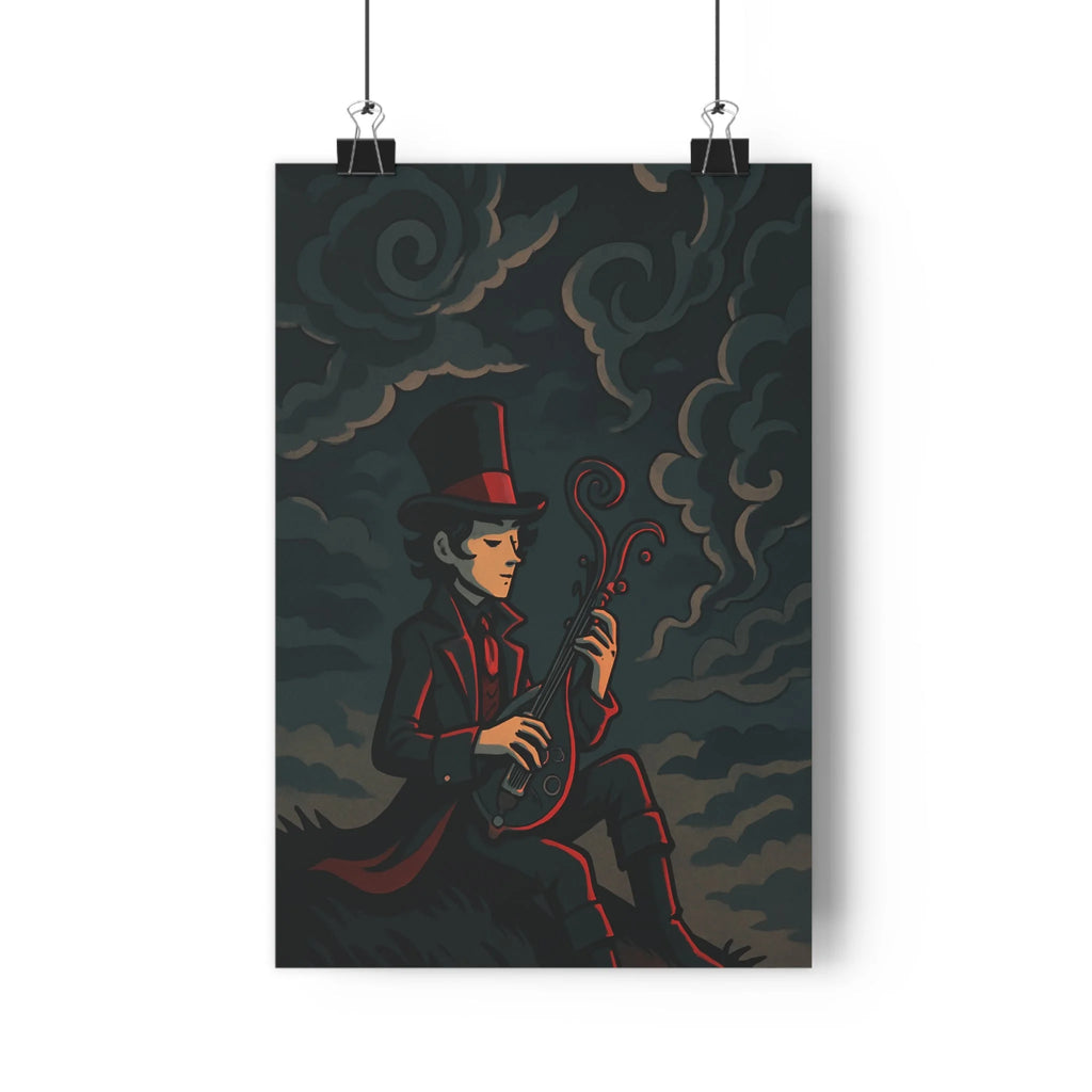 Poster décoratif gothique victorien bleu rouge salon mystérieux dramatique musique homme instrument artistique élégant