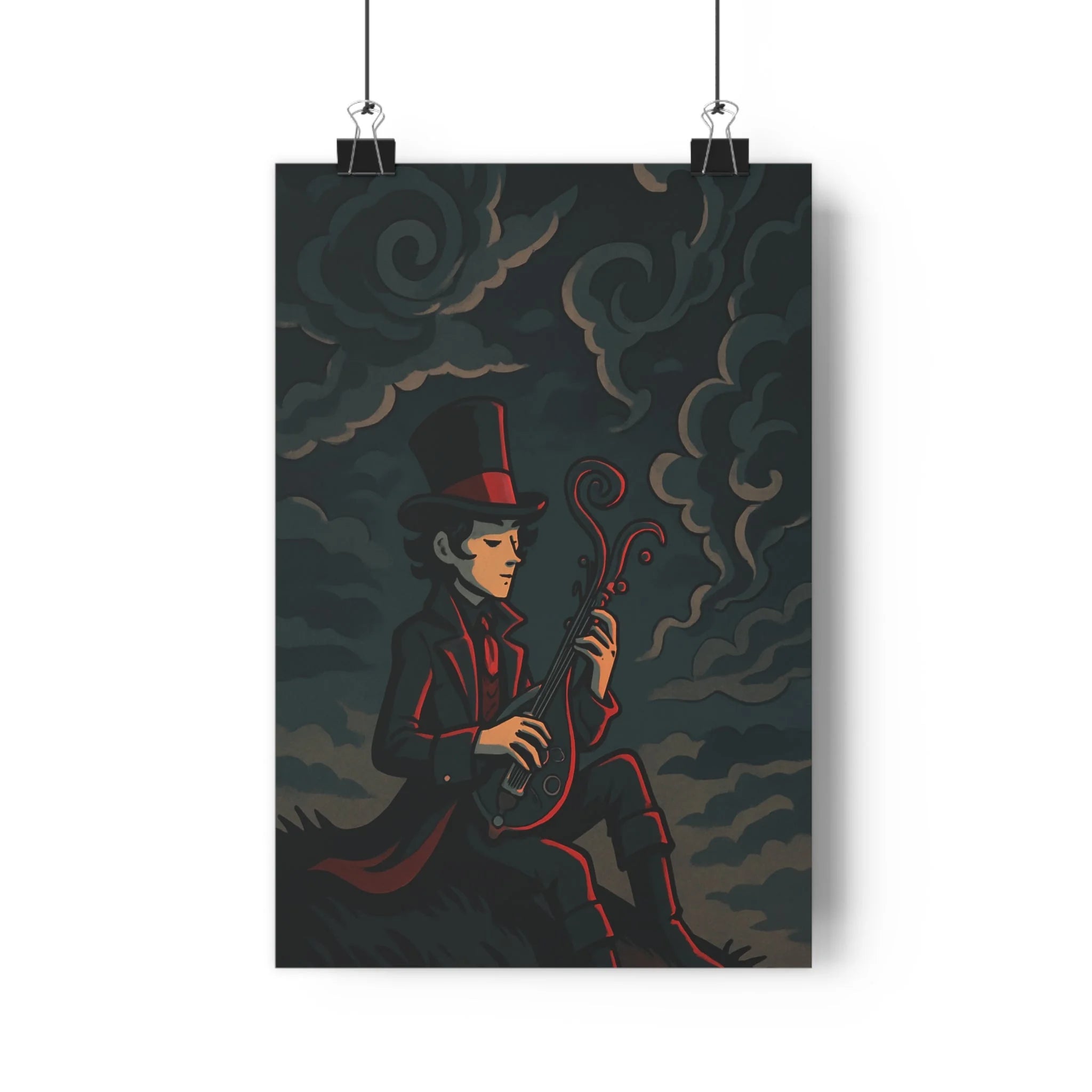 Poster décoratif gothique victorien bleu rouge salon mystérieux dramatique musique homme instrument artistique élégant