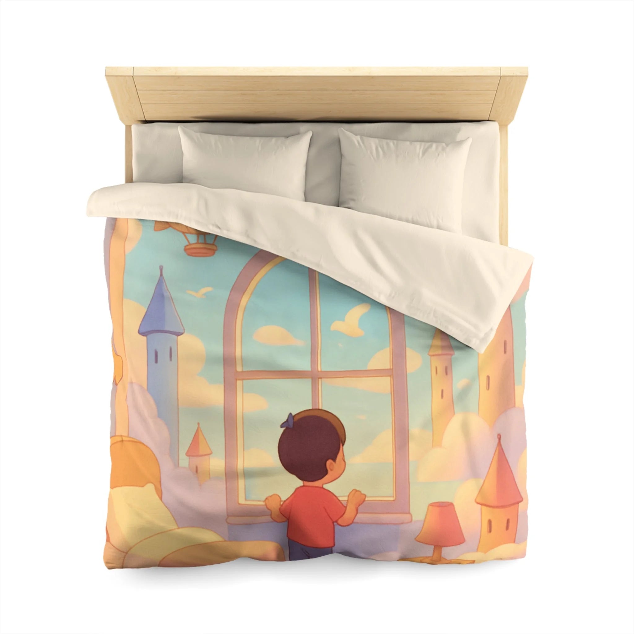 Housse de couette rêveuse enfantine avec nuages, dirigeables et oiseaux volants paisibles