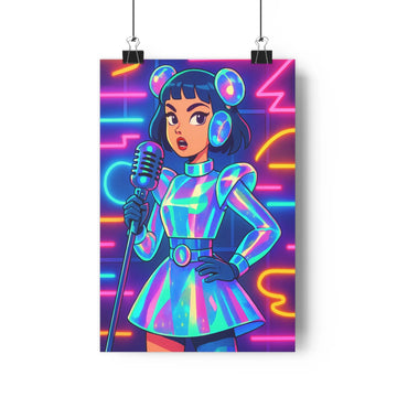 Poster chanteuse futuriste néon holographique lunettes réalité augmentée plantes vertes livres technologie bleu rose jaune moderne ambiance salon chambre