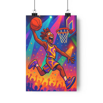Poster joueur basket saut panier maillot jaune violet orange bleu éclairs lumière étagère objets plante stade spectateurs silhouettes moderne graphique
