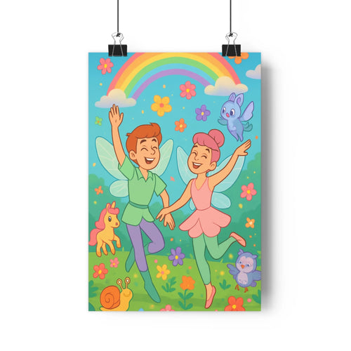 Poster féerique enfants danse arcen-ciel fleurs animaux contours nets couleurs vives ambiance joyeuse été cartoon vibrant chambre décoration