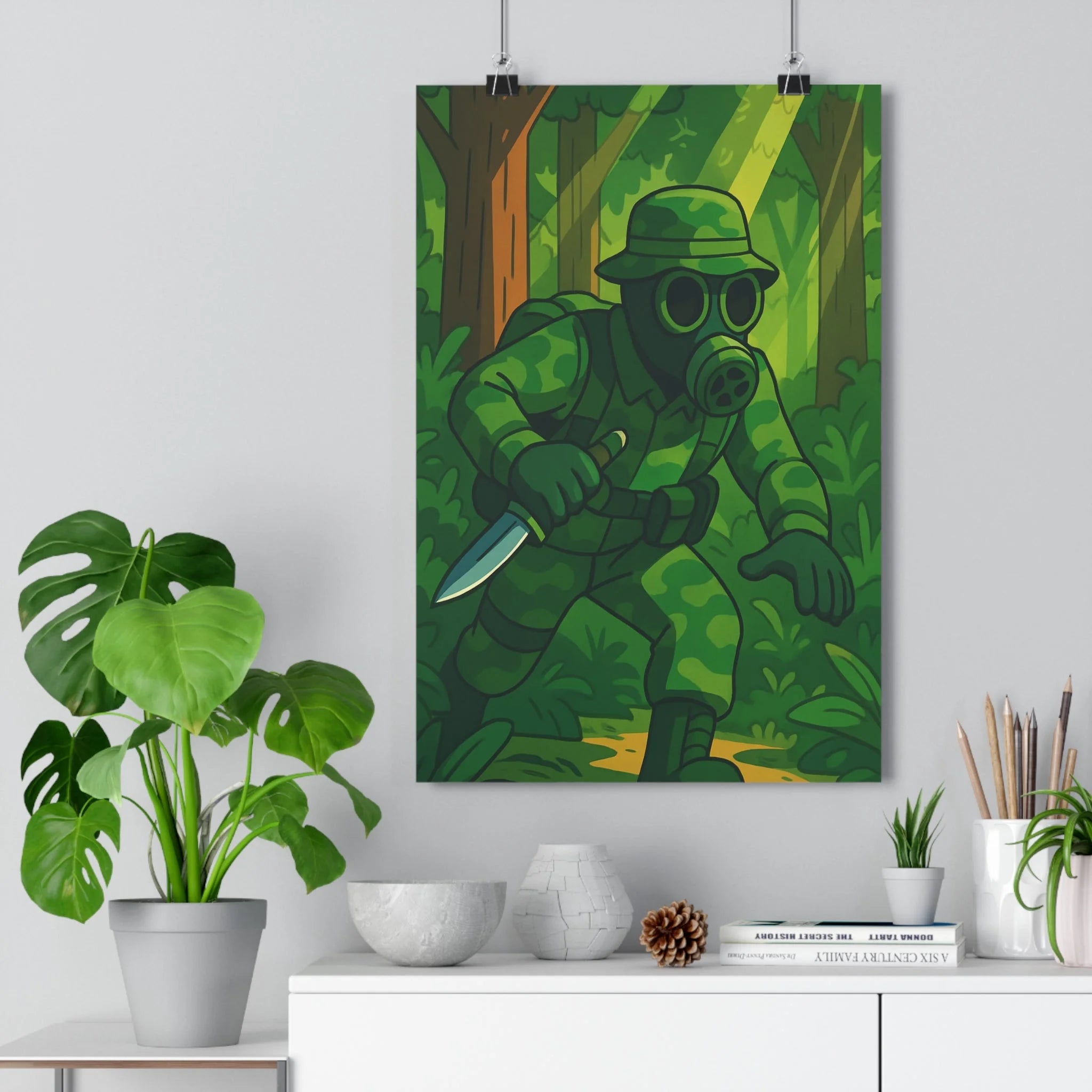 Poster décoratif camouflage vert forêt mystique cartoon ambiance mystérieuse salon bureau contemporain tendance mur