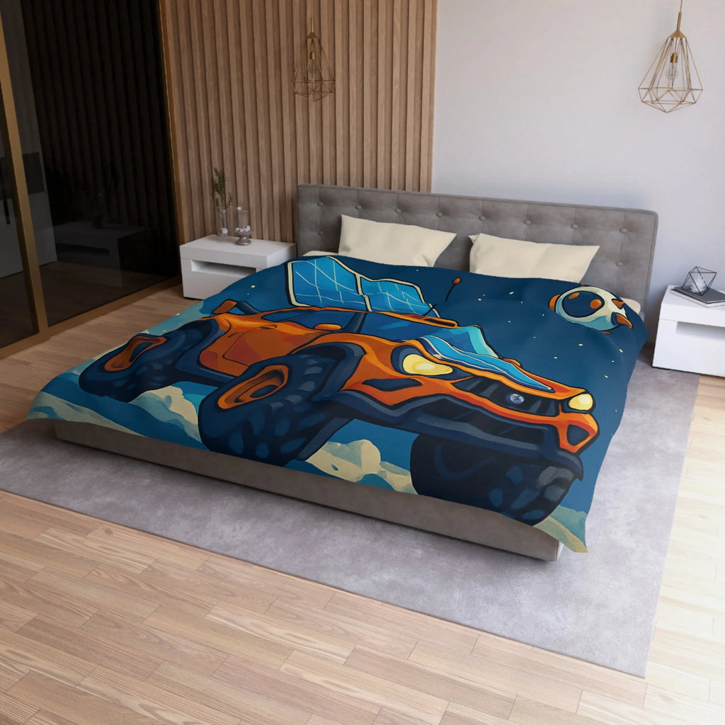 Housse de couette spatiale avec voiture orange et robots sur fond lunaire captivant