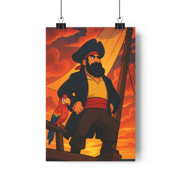 Poster pirate perroquet plage plantes verte pot nuages oranges rouge ambiance vivace cartoon chambre salon bureau