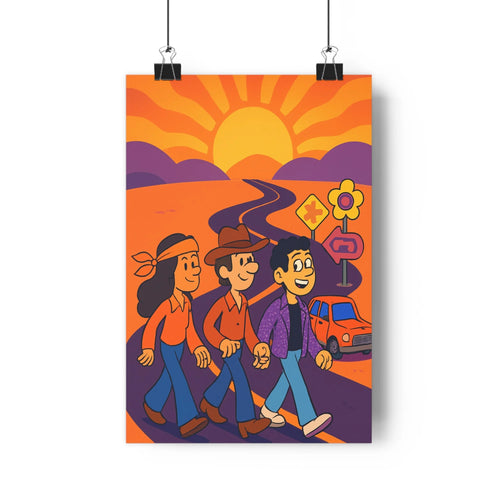 Poster joyeux cartoon personnages couleur violette bleue orange route soleil couchant ambiance ensoleillée panneau routier fleur voiture chambre salon vintage