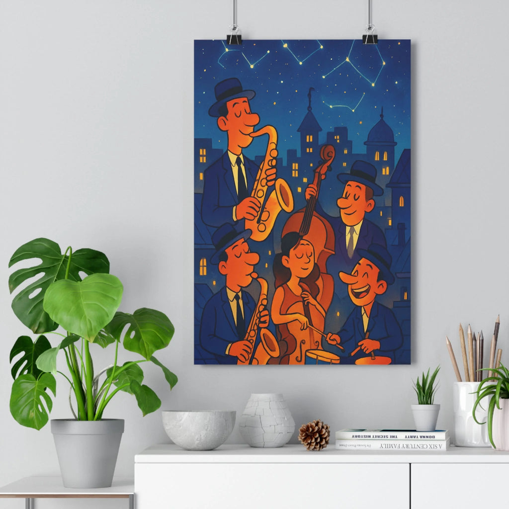 Poster décoratif jazz nocturne rétro nuit étoilée saxophone vibrant salon bureau ambiance élégante qualité
