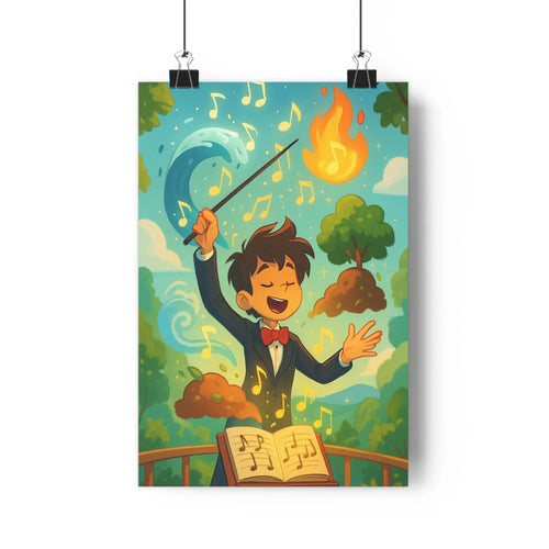 Poster joyeux garçon costumé baguette magique notes musicales paysage coloré nuages arbres soleil passerelle livre ouvert ambiance festive cartoon couleurs