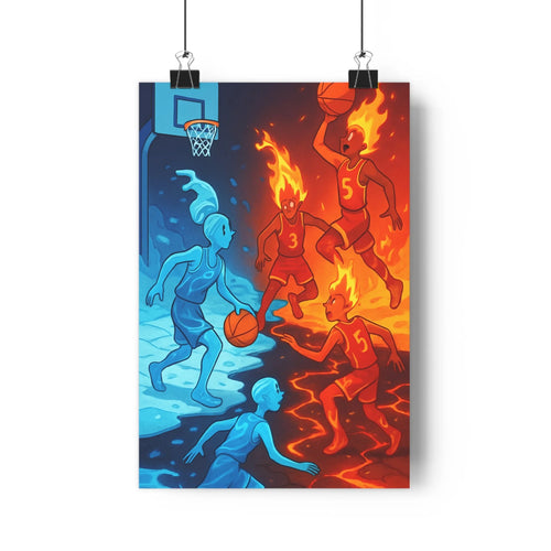 Poster vibrant cartoon rivalité basket bleu rouge aquatique flamme jeu intense décoration salon chambre enfants fantastique