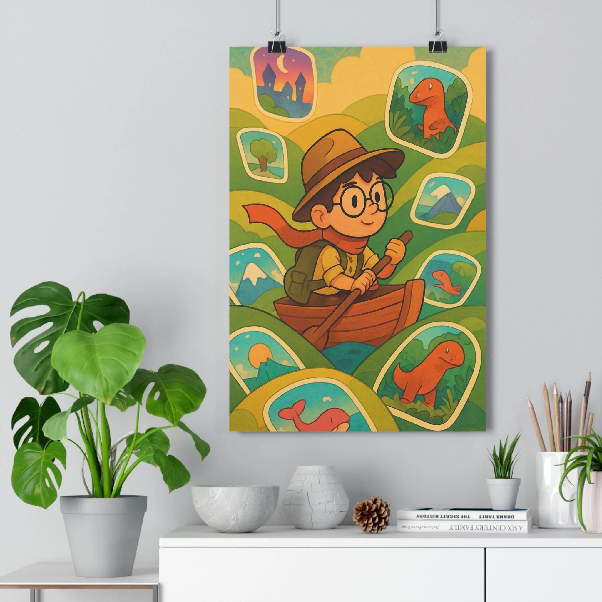 Poster décoratif fantaisie enfant aventure barque animaux montagnes châteaux vert bleu rouge 30x46 chambre