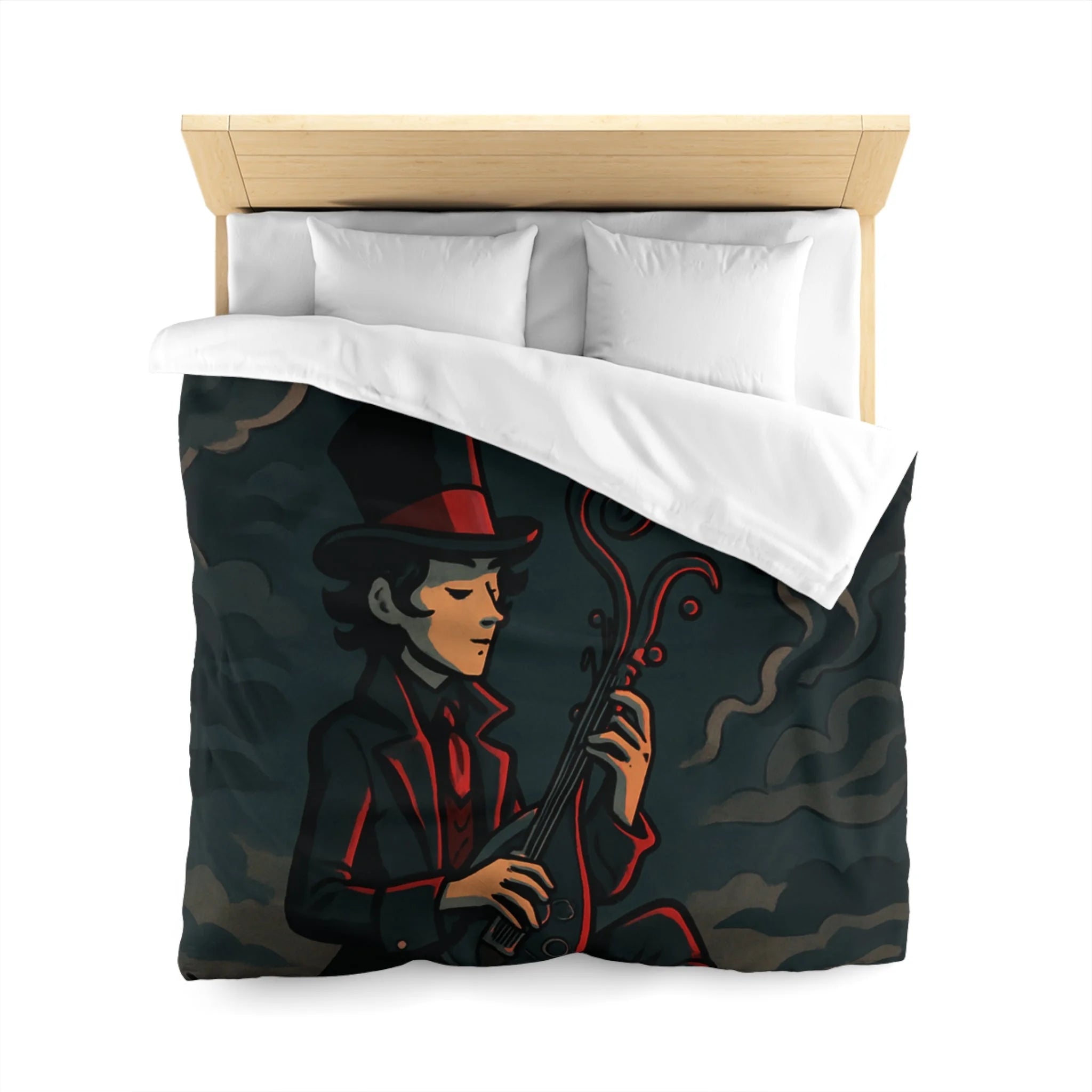 Mystérieuse silhouette avec chapeau haut-de-forme jouant d'un luth sous ciel orageux nocturne