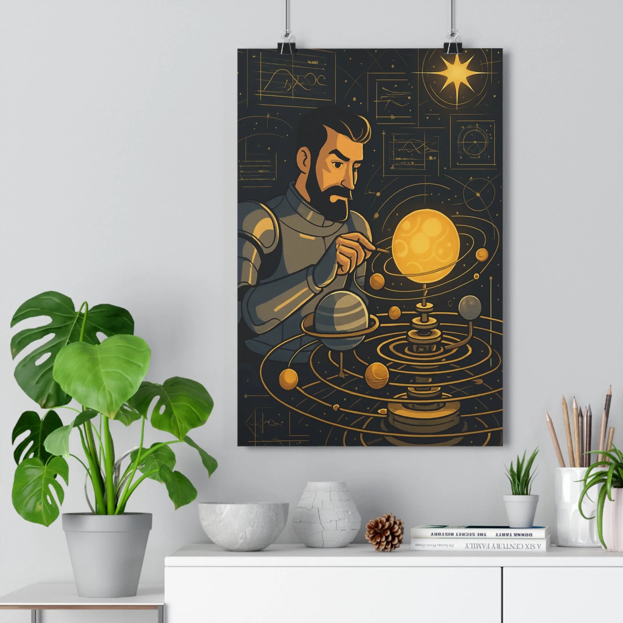 Poster décoratif cosmos jaune bleu technologique mystérieux salon bureau futuriste graphique original unique qualité