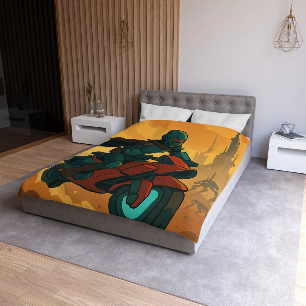 Housse de couette moto futuriste avec pilote en armure et paysage urbain orange