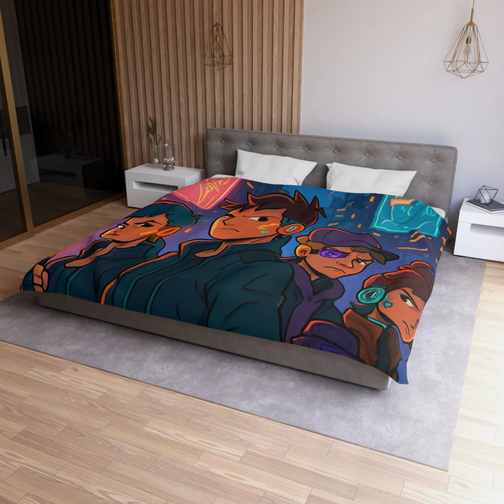 Housse de couette style rétro futuriste avec scène urbaine néon et personnages cyberpunk