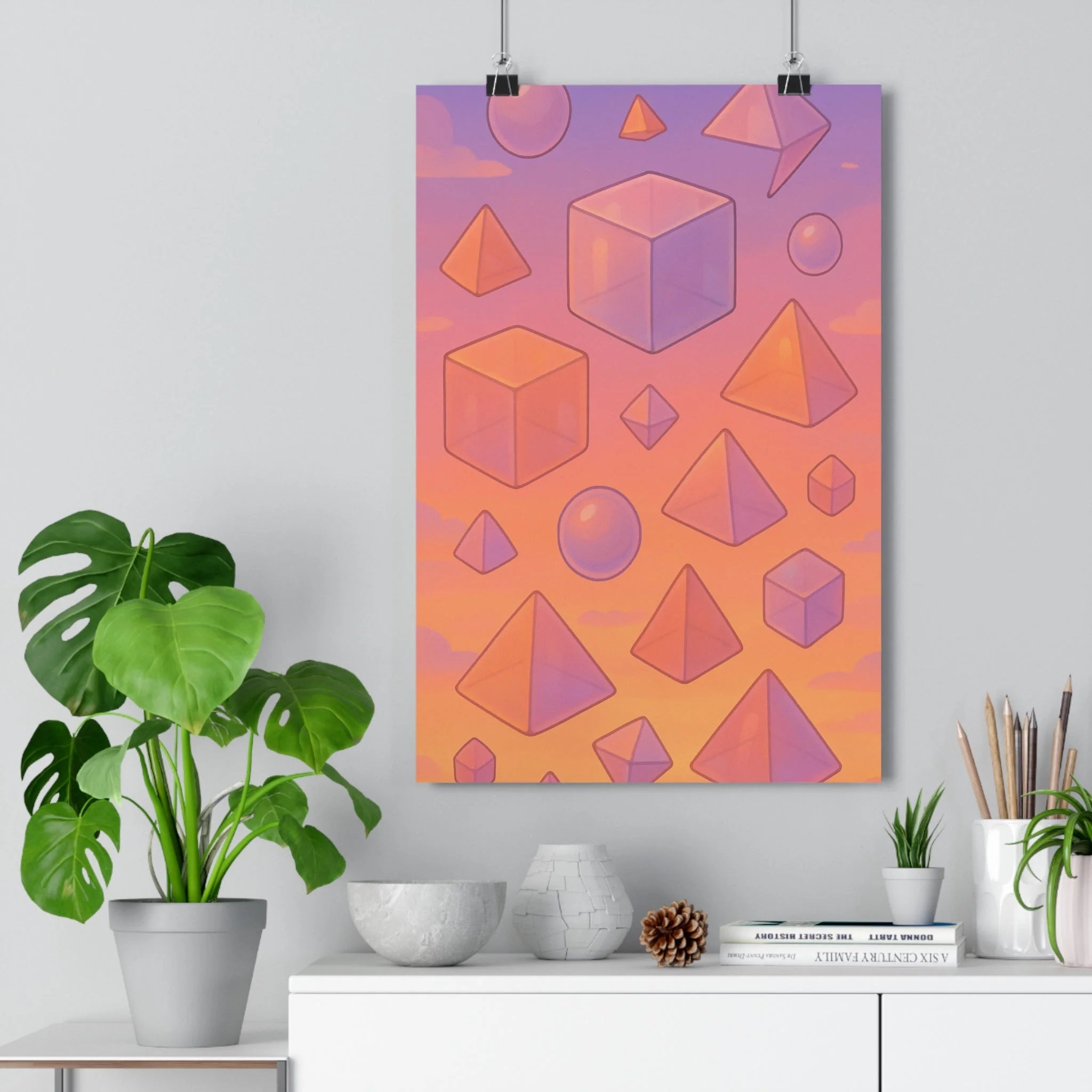 Poster décoratif formes géométriques violet orange pastel cartoon apaisant chambre salon bureau unique qualité