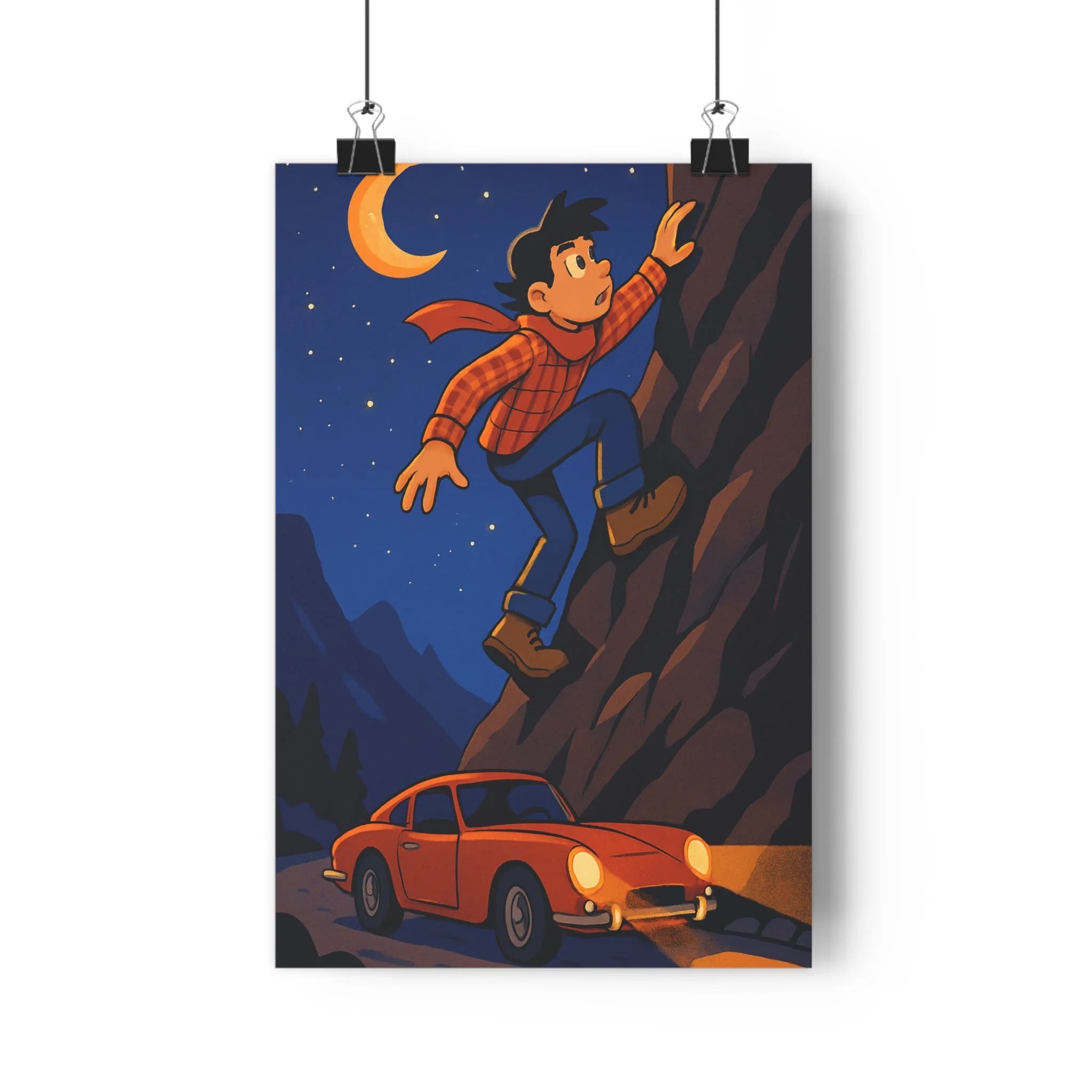 Poster décoratif aventurier montagne ciel étoilé orange rouge cartoon aventure bureau nocturne vibrant qualité