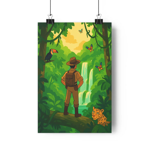 Poster explorer jungle toucan cascade jaguar verdure dense floral arboré aventure exotique couleur vive cartoon énergique salon chambre