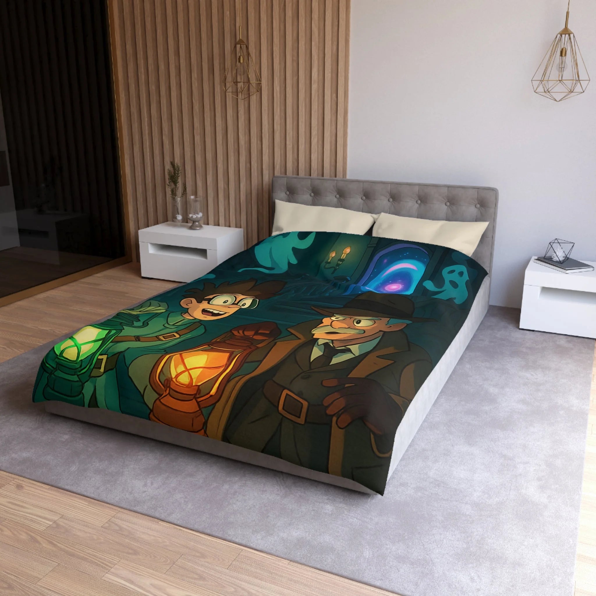 Housse de couette mystère avec lanternes, enquêteurs, fantômes et portail mystérieux