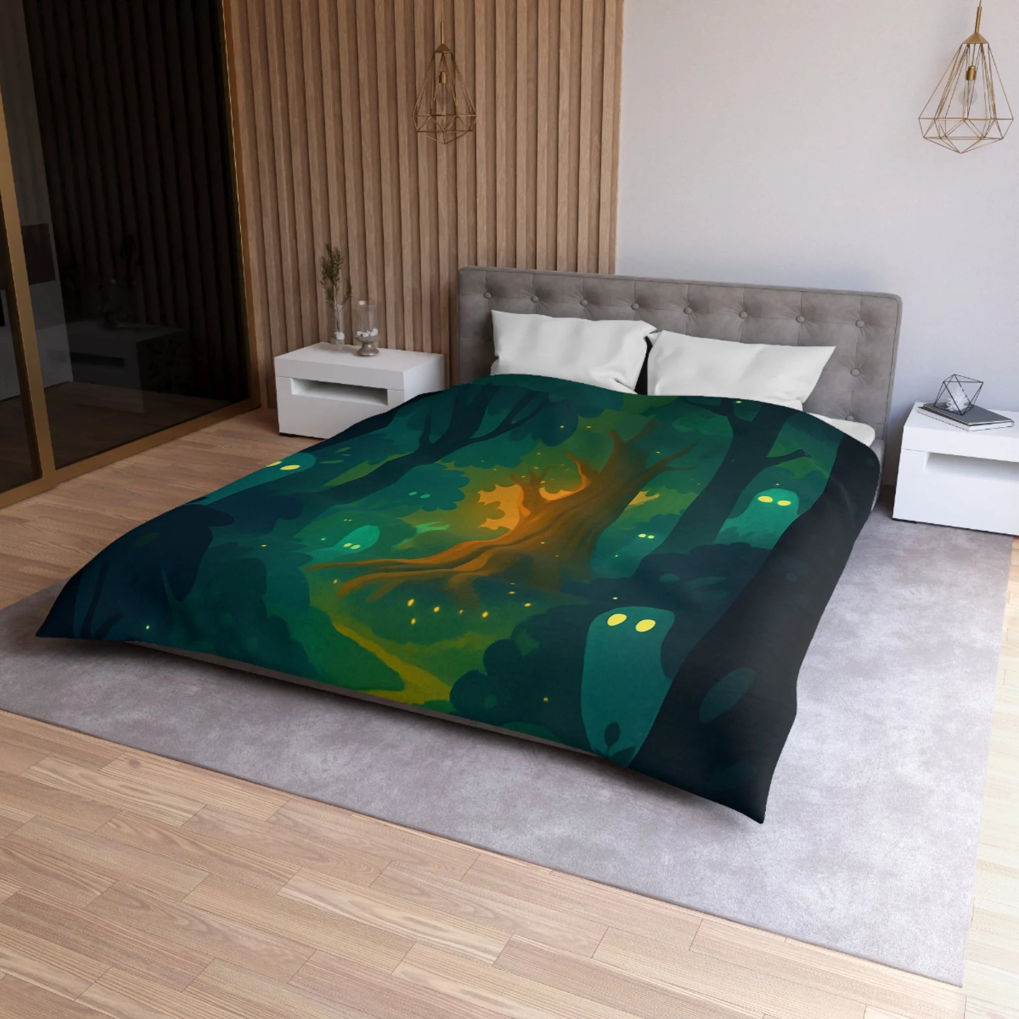 Housse de couette mystérieuse forêt enchantée avec esprits lumineux et sentier sinueux