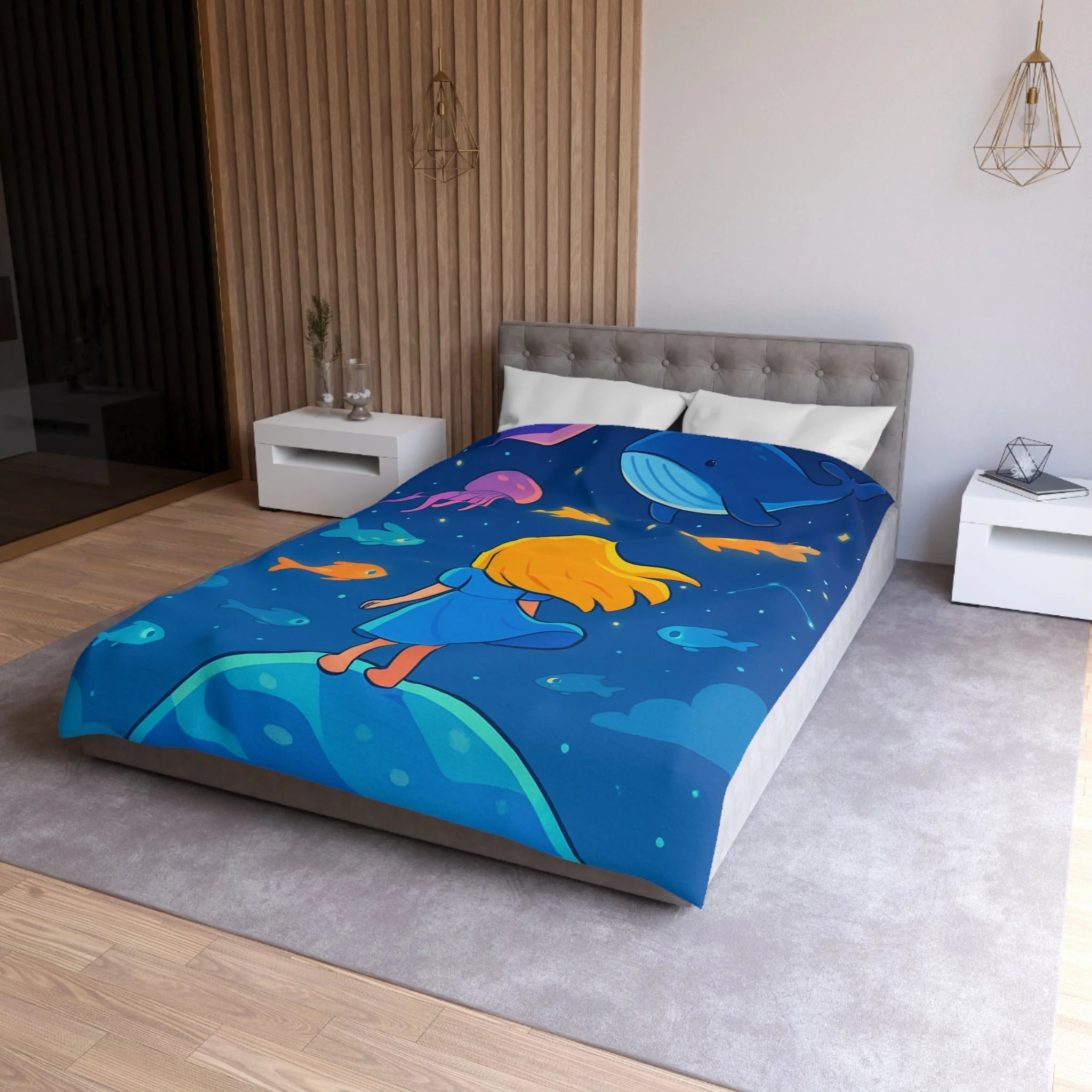 Housse de couette océane enfantine avec animaux marins, étoile ciel bleu magique