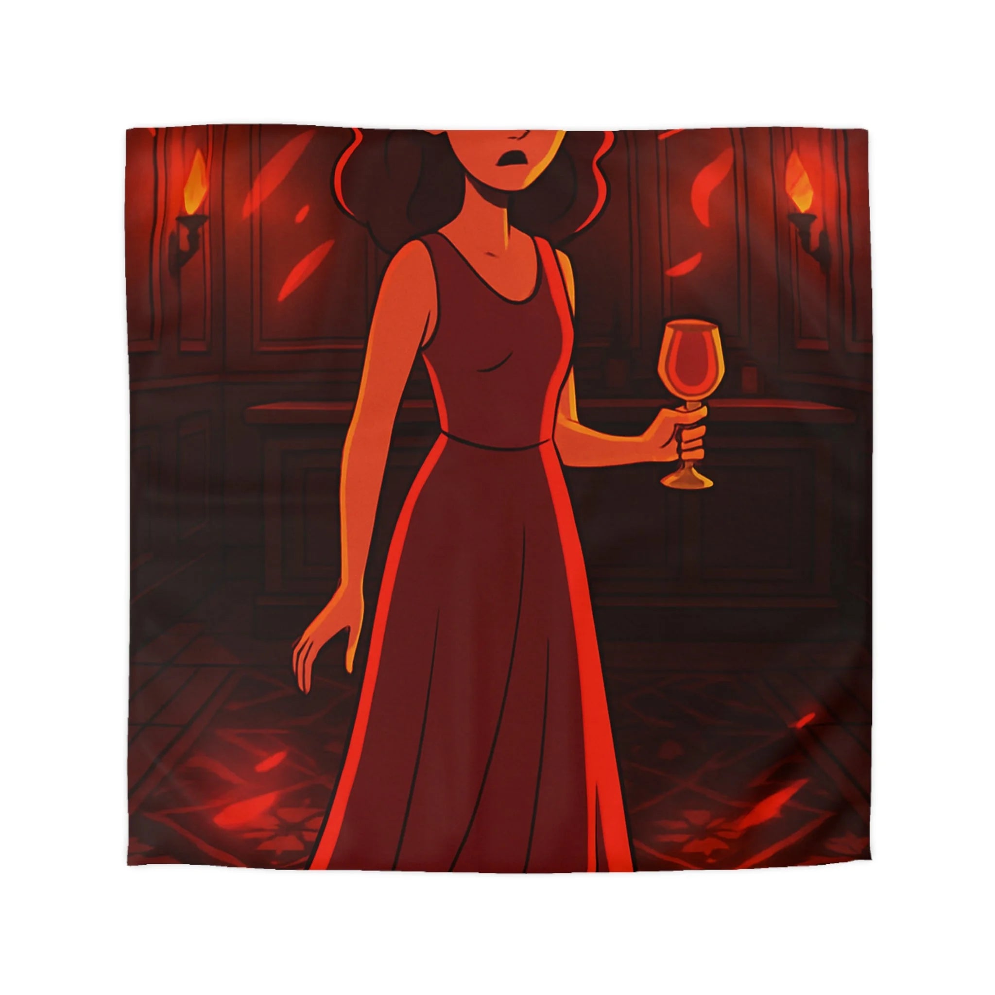 Housse de couette rouge élégante avec motif femme et reflets lumineux mystérieux