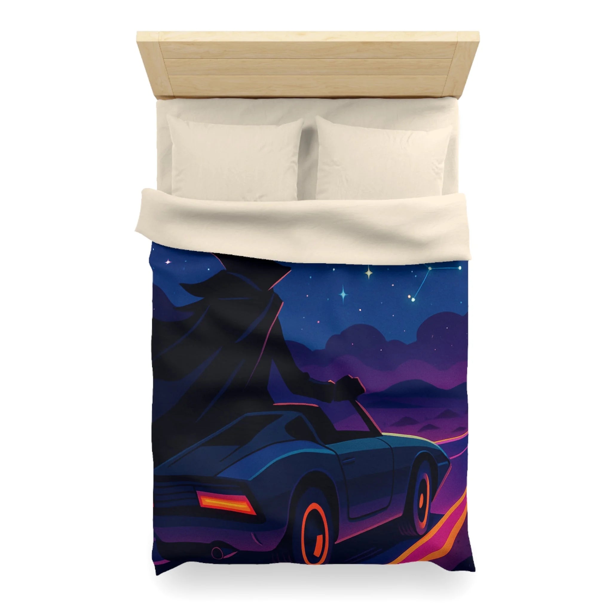 Housse de couette rétro avec constellations et voiture sous ciel étoilé et planète
