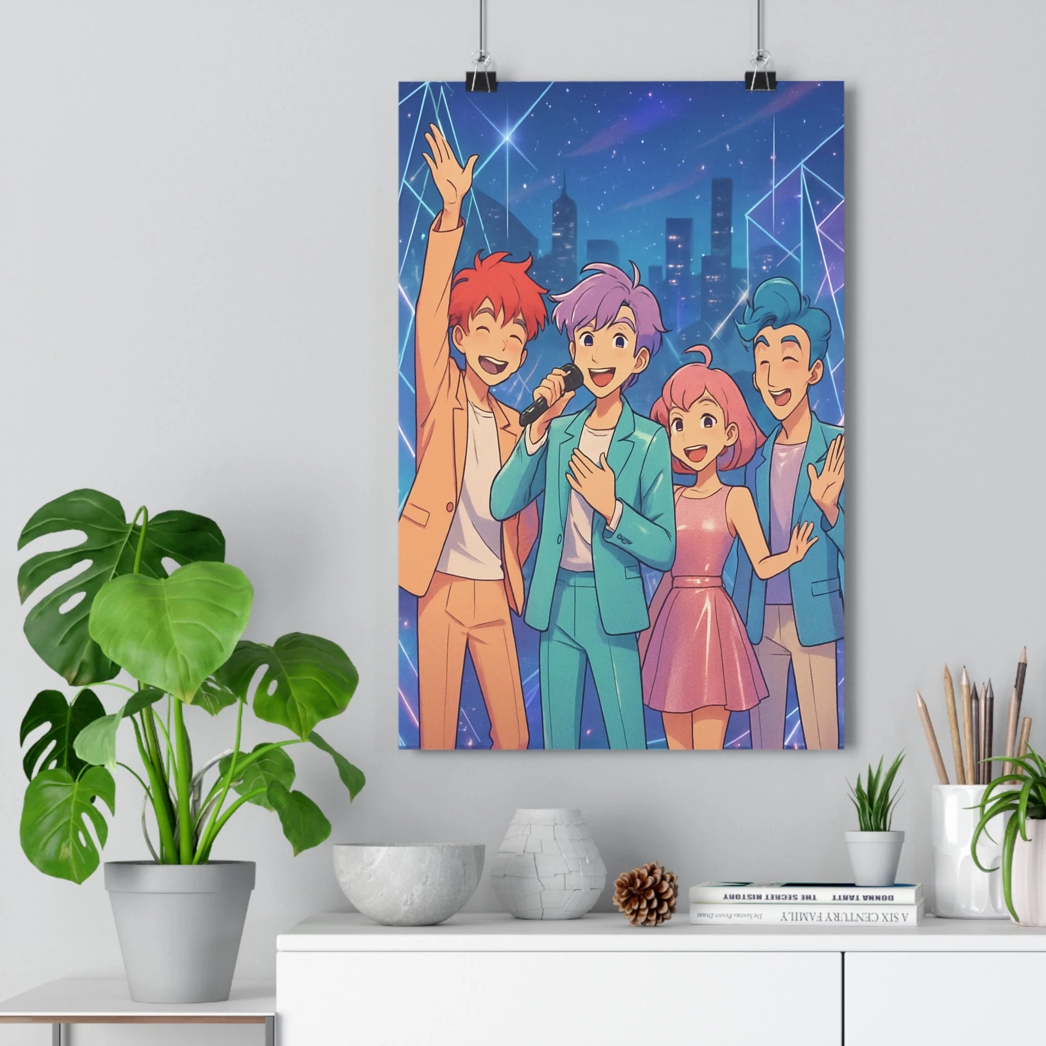 Poster décoratif cartoon anime bleu rose orange joyeux chambre salon moderne dynamique 30x46 ambiance