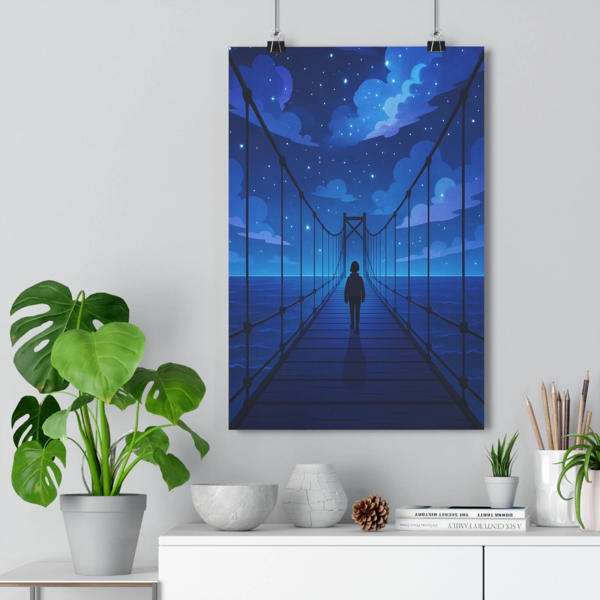 Poster décoratif mystique bleu violet pont étoilé apaisant rêveur salon chambre 30x46 sérénité qualité