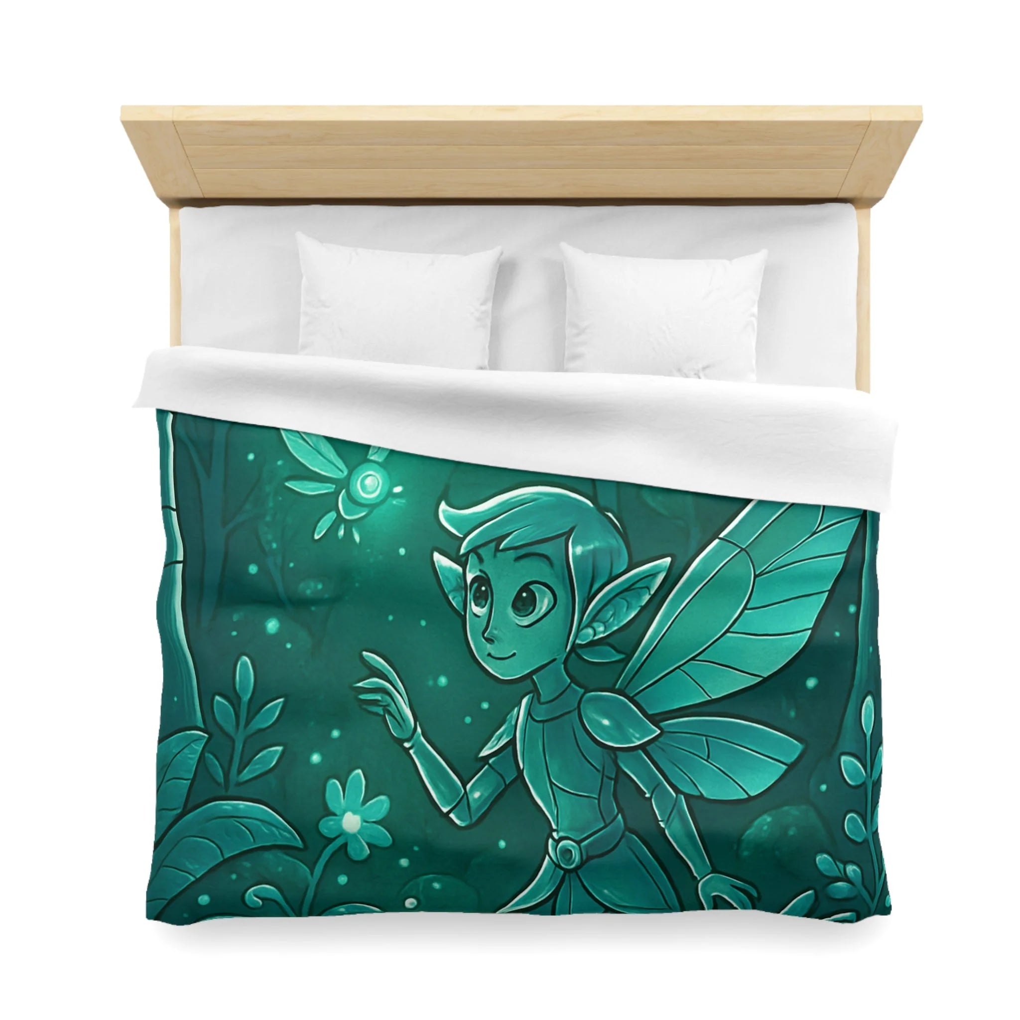 Housse de couette verte magique avec fée, papillon et forêt enchantée, ambiance nocturne