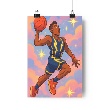 Poster sportif saut ballon bleu rose nuages étoiles dorées ambiance énergique style dynamique contrasté meuble blanc plantes vertes chambre moderne