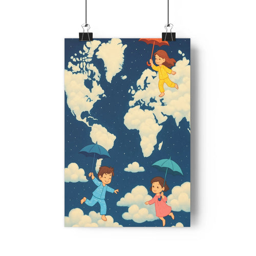 Poster nuages étoiles mappemonde personnages parapluies colorés plantes étagère livres ambiance douce fantastique chambre salon