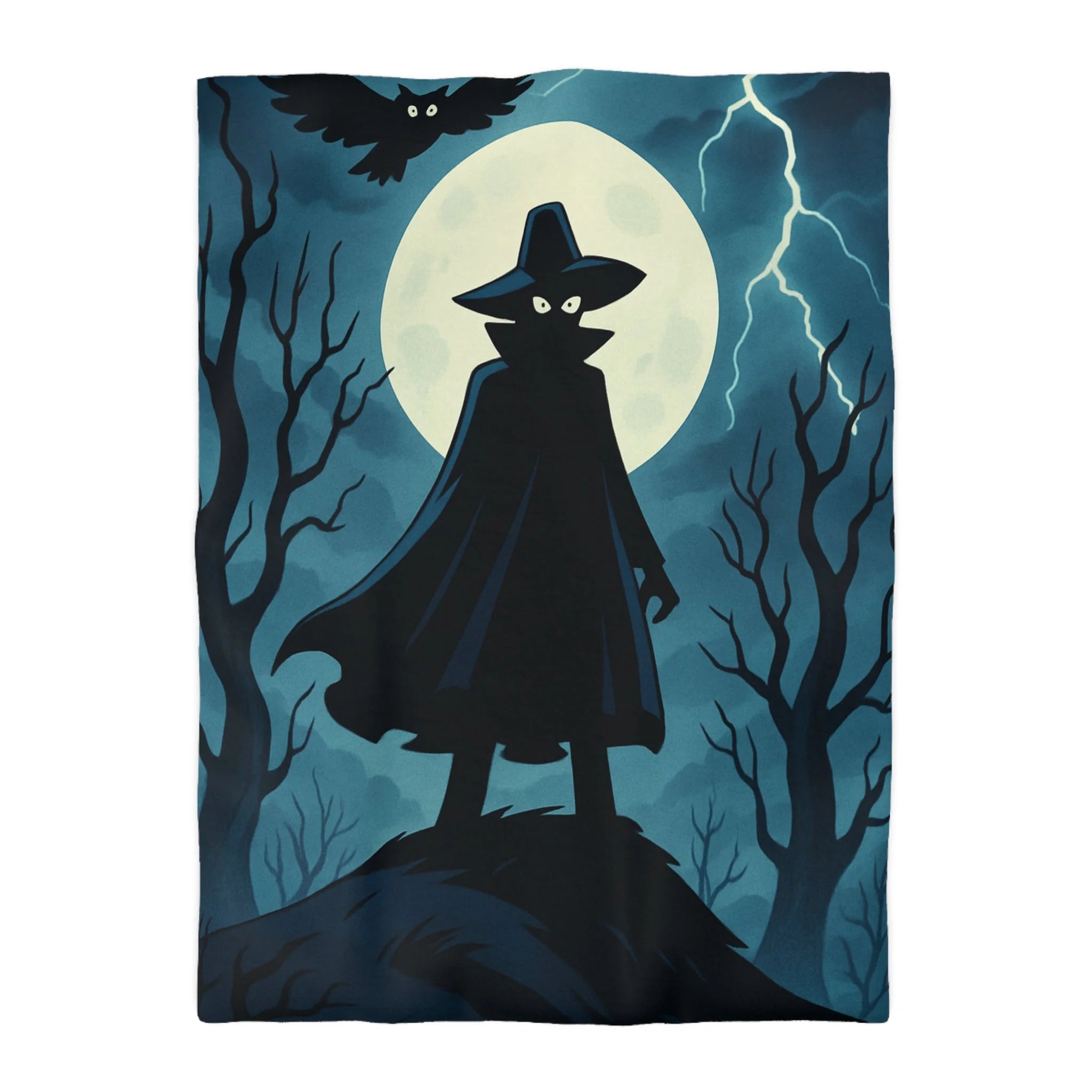 Plongez dans une scène nocturne mystérieuse avec silhouette et hibou sous lune pleine