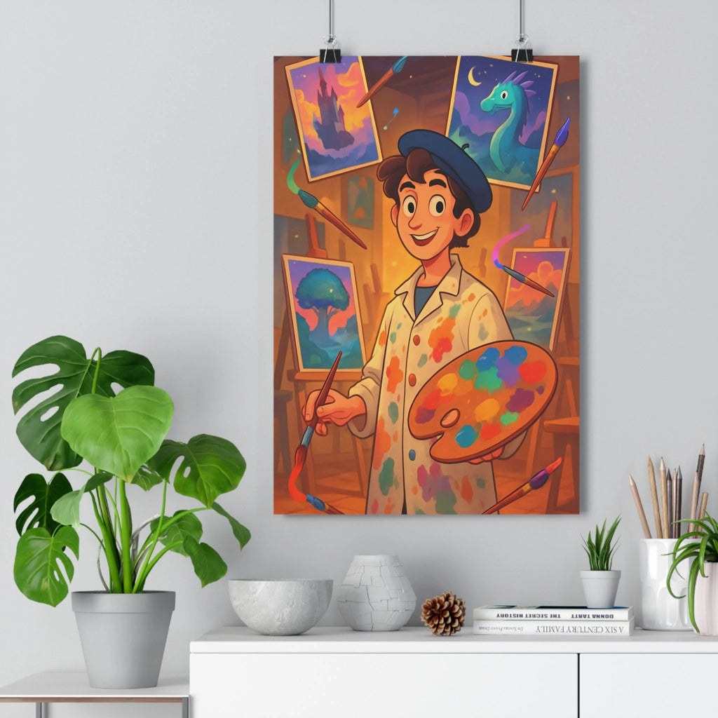 Poster décoratif artistique cartoon joyeux bleu violet orange atelier créatif enfant chambre salon qualité