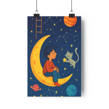 Poster garçon lune chat étoile constellation planète rouge bleue escalier nuit douce fantastique chambre enfant salon bureau