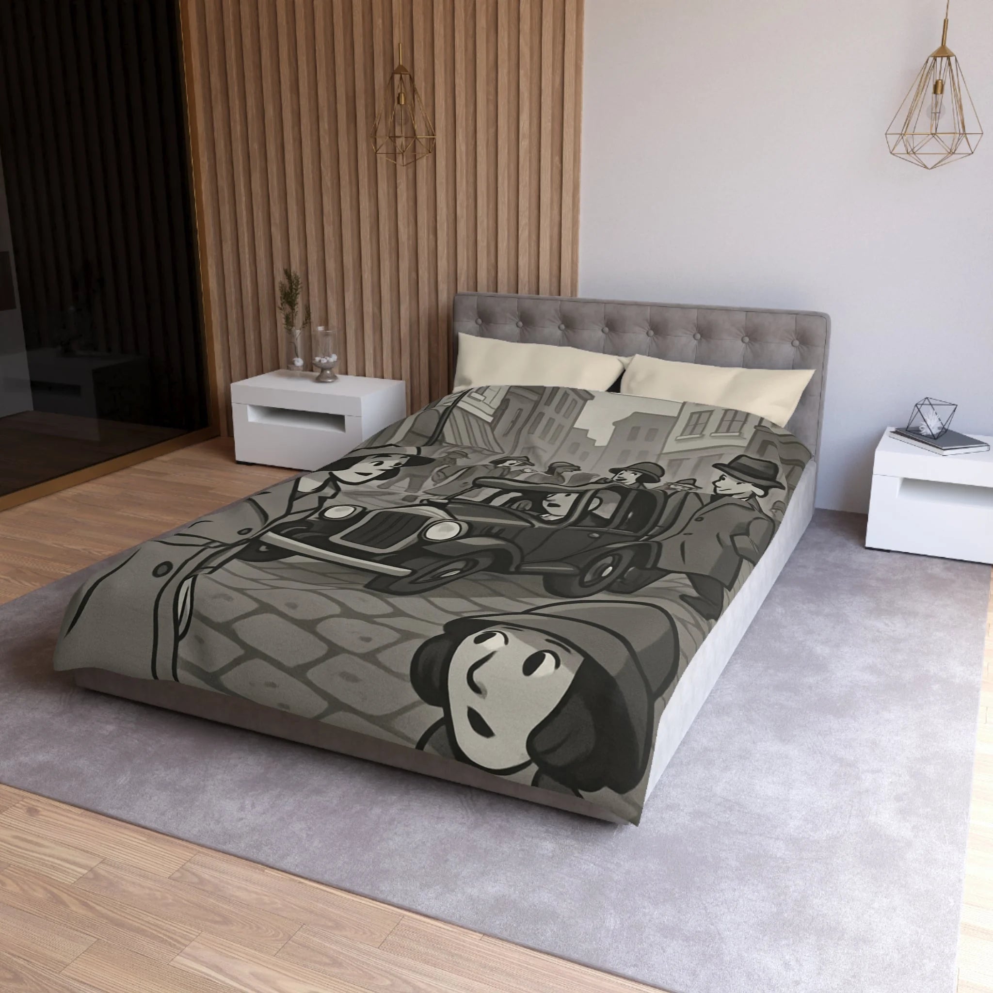 Housse de Couette Vintage avec Rue Animée et Voiture des Années 1930