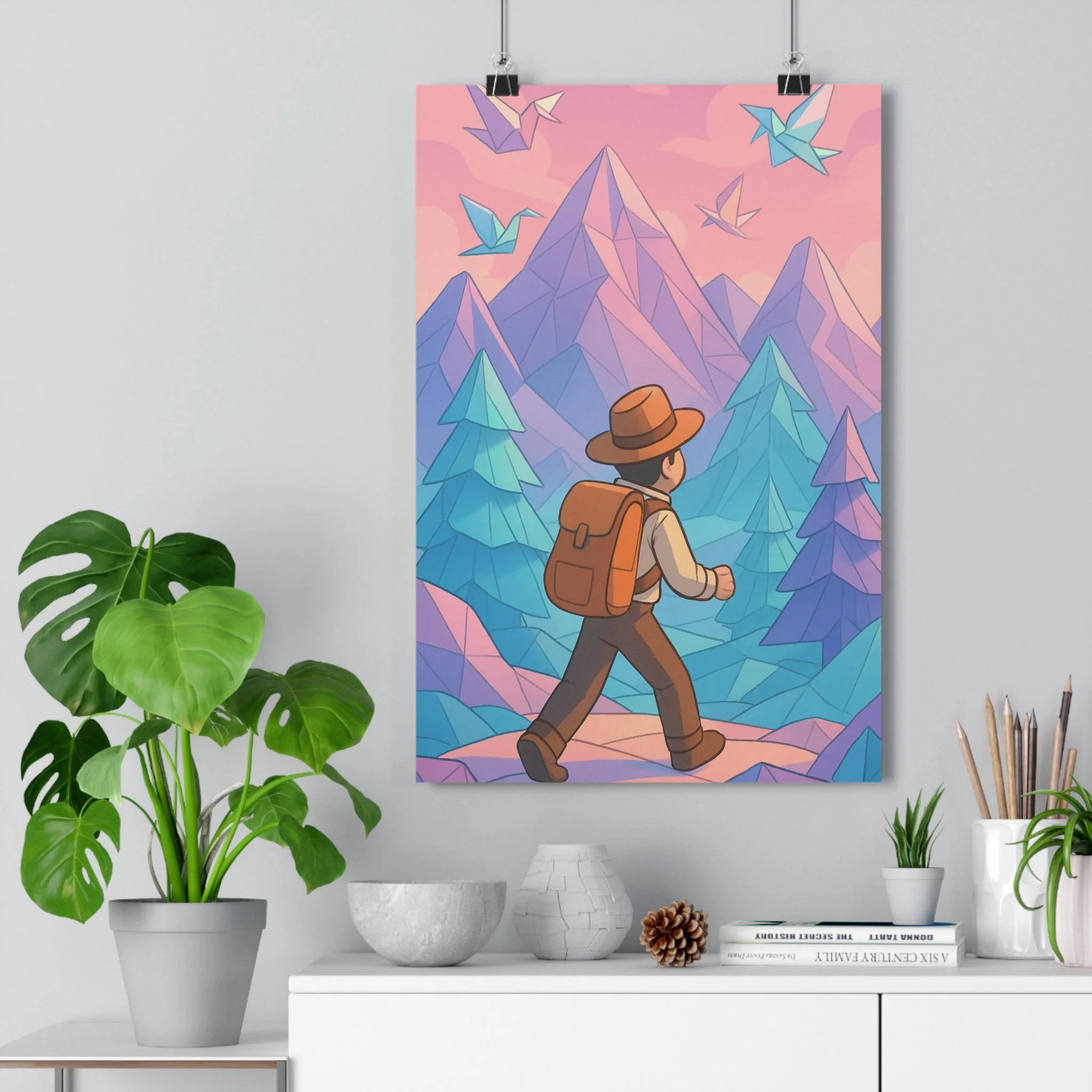 Poster décoratif voyageur surréaliste violet bleu montagnes bureau chambre onirique moderne 30x46 élégant rêveur
