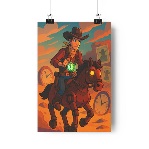 Poster cowboy cheval galop montre verte horloges nuages orangés bleus yeux lumineux montagnes ambiance intense style cartoon couleurs vives salon