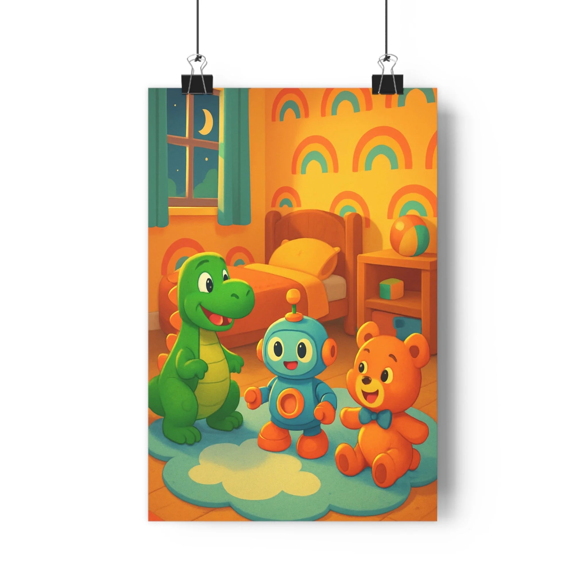 Poster décoratif coloré dessin animé dinosaure vert robot bleu enfant chambre joyeuse arcenciel qualité