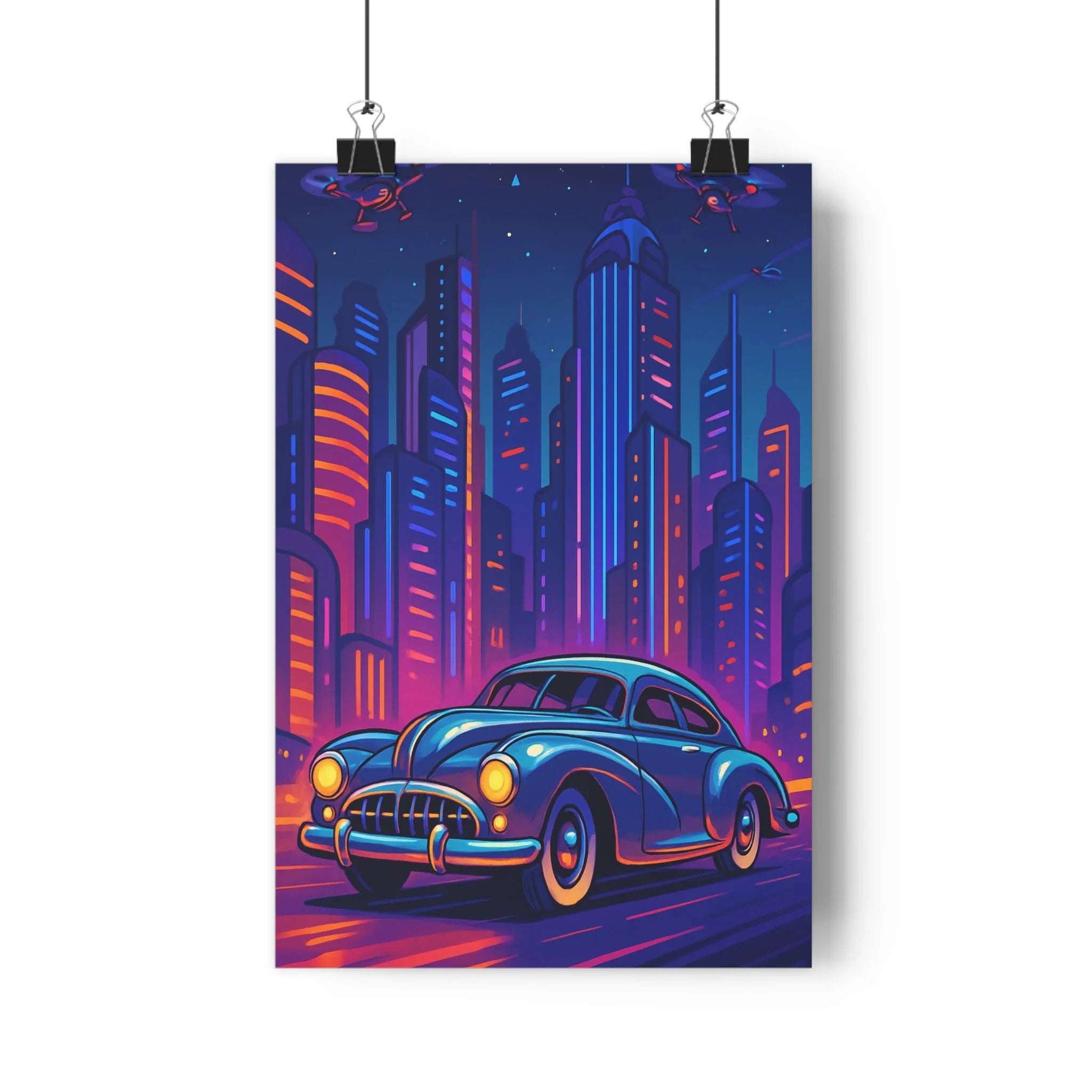 Poster décoratif rétrofuturiste voiture classique ville moderne néon bleu rose violet salon dynamique élégant