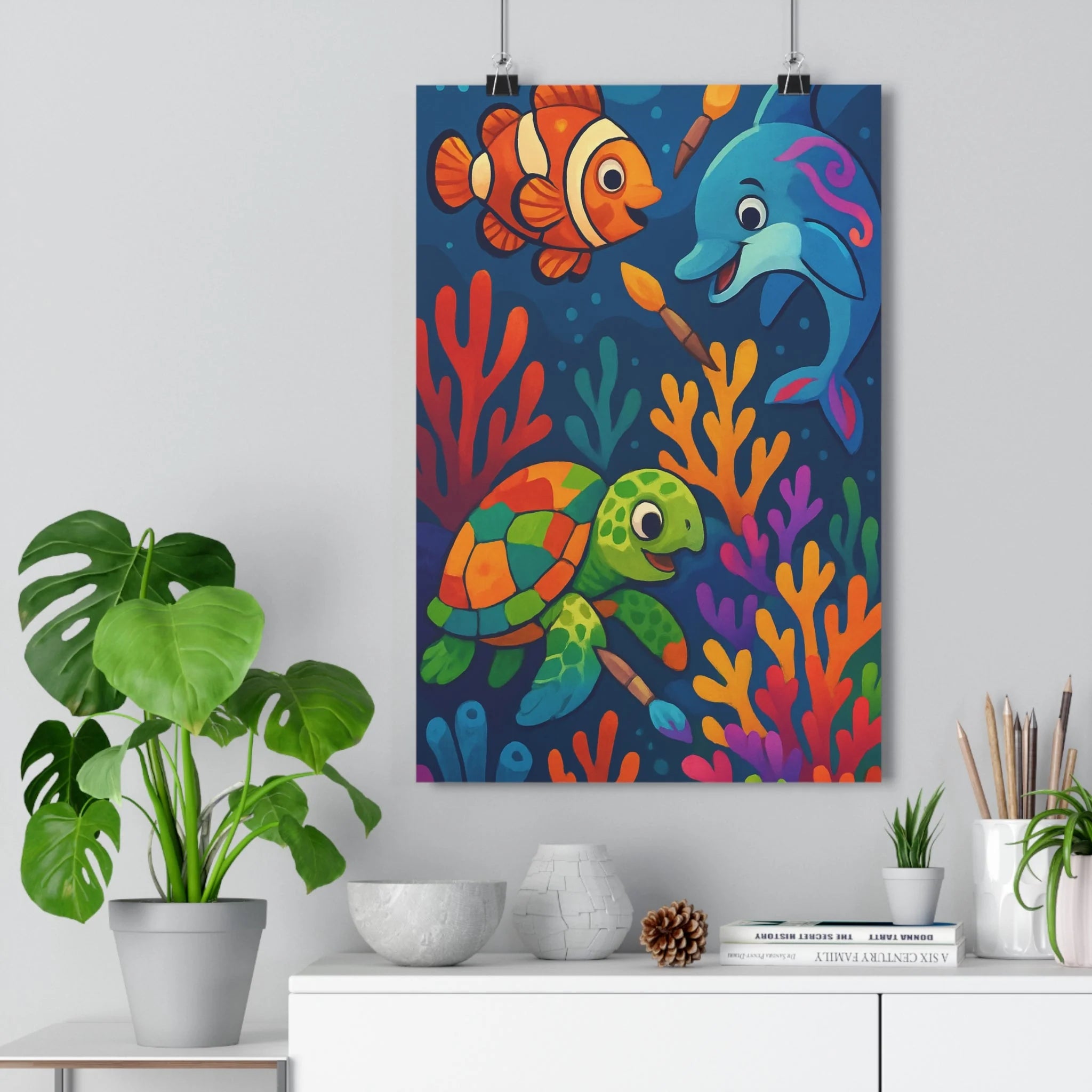 Poster décoratif cartoon coloré bleu néon joyeux enfant chambre océan poisson dauphin tortue aventure