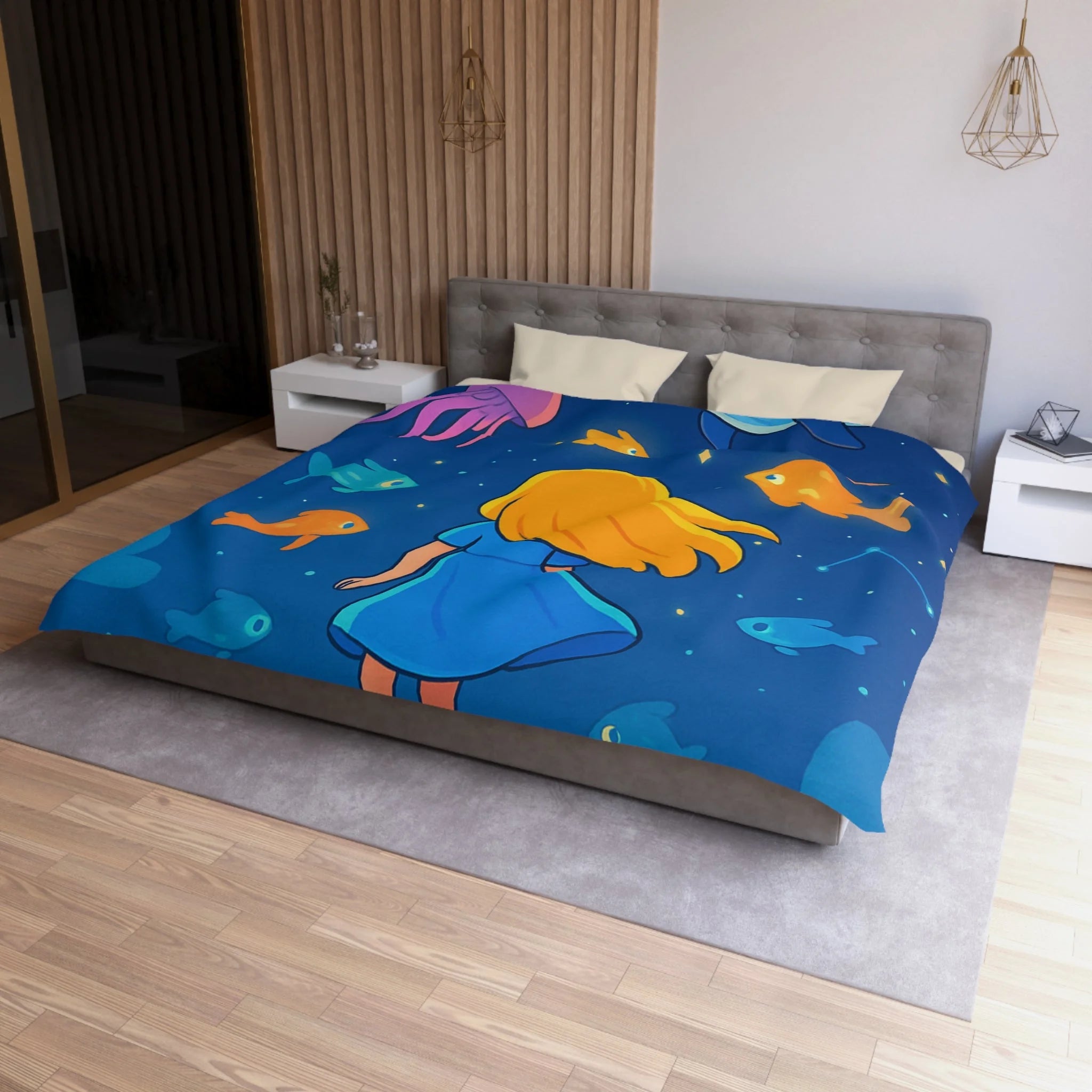 Housse de couette océane enfantine avec animaux marins, étoile ciel bleu magique