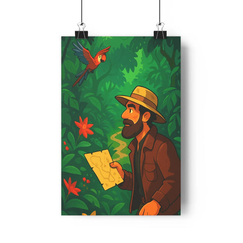 Poster explorateur forêt carte perroquet couleur vive feuilles vertes fleurs rouges jungle cartoon exploration découverte naturelle vibrant