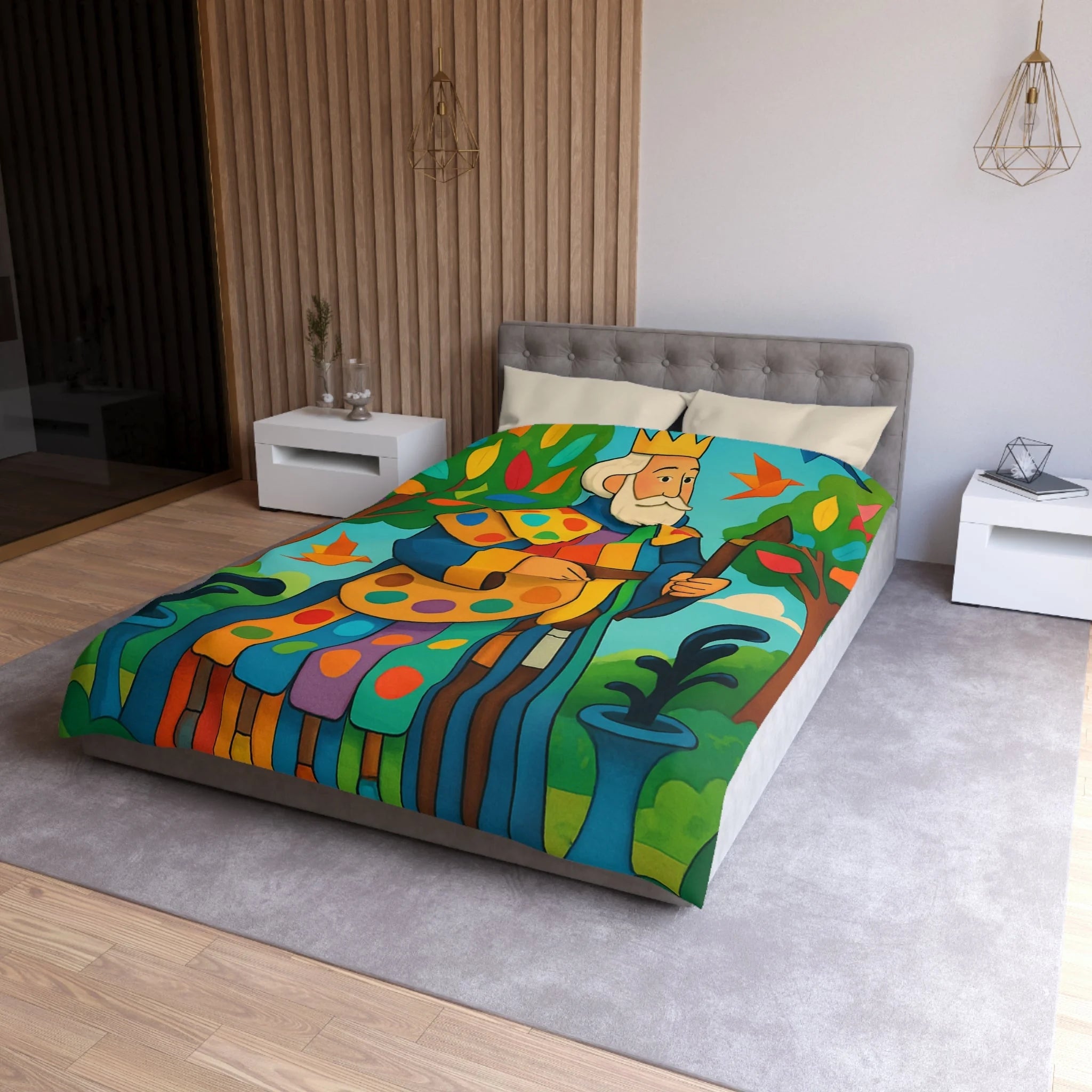 Housse de couette multicolore avec roi et oiseaux dans un jardin enchanteur