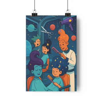 Poster coiffeur client chaise salon spatial planètes fusil orange bleu vert créatif joyeux fantastique