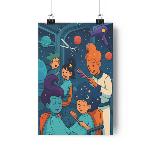 Poster coiffeur client chaise salon spatial planètes fusil orange bleu vert créatif joyeux fantastique